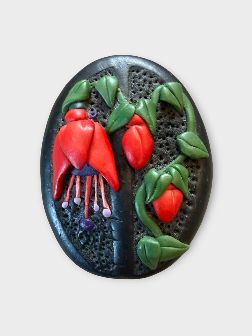 Handmade Vintage Polymer Clay Flower Brooch Pin - Red & Green